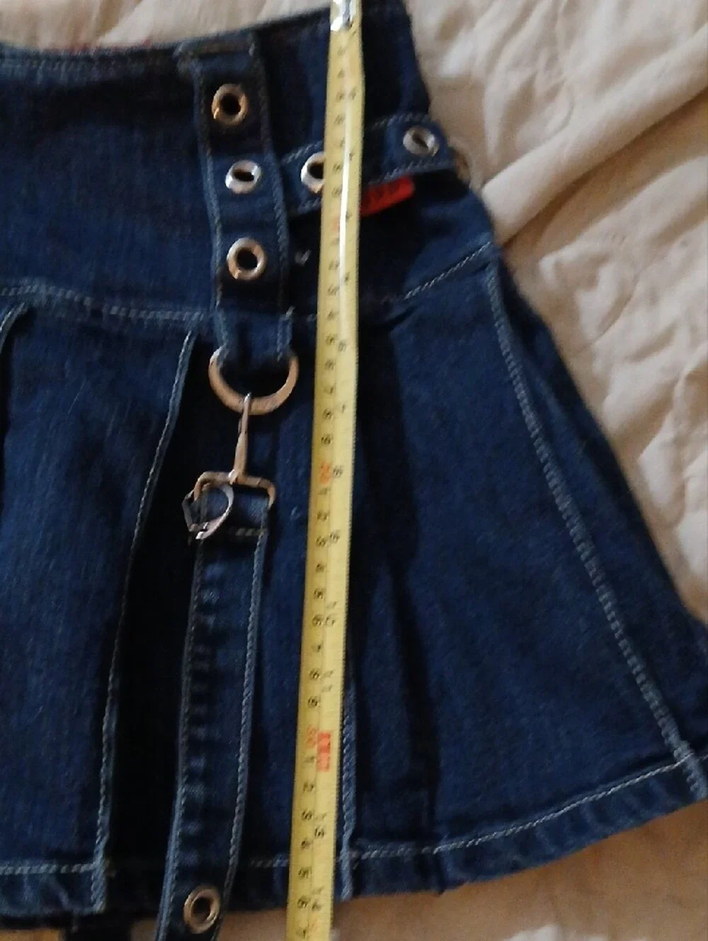 Vtg Tripp NYC Dark Denim Pleated Mini Skirt with Grommet Suspender Straps